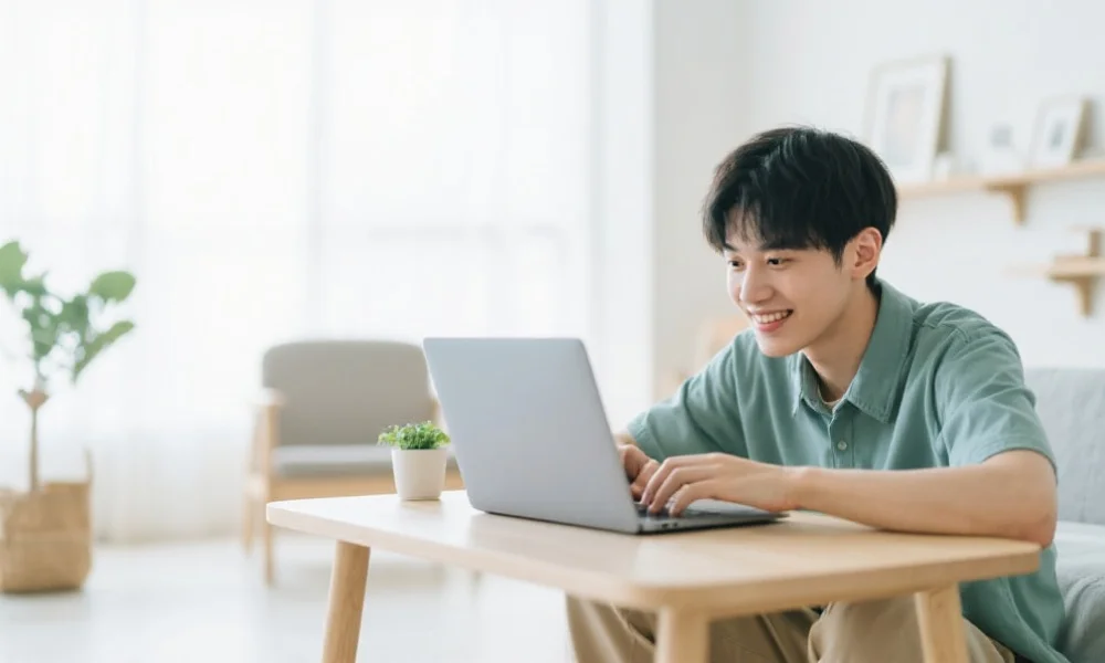 年轻用户在明亮舒适的空间中使用笔记本电脑体验数字娱乐平台,表情专注愉快